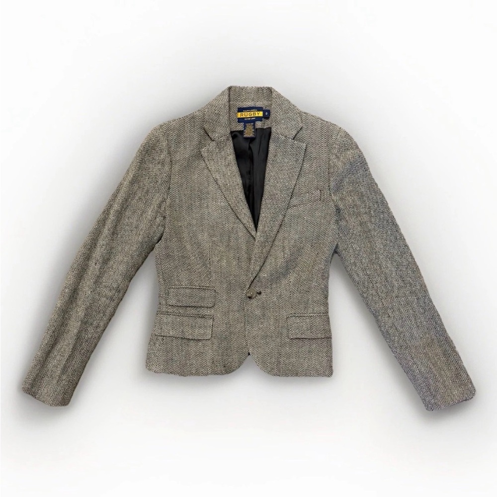 Ralph Lauren Rugby Size 0 Gray Herringbone Blazer Jacket Linen and Silk Blend